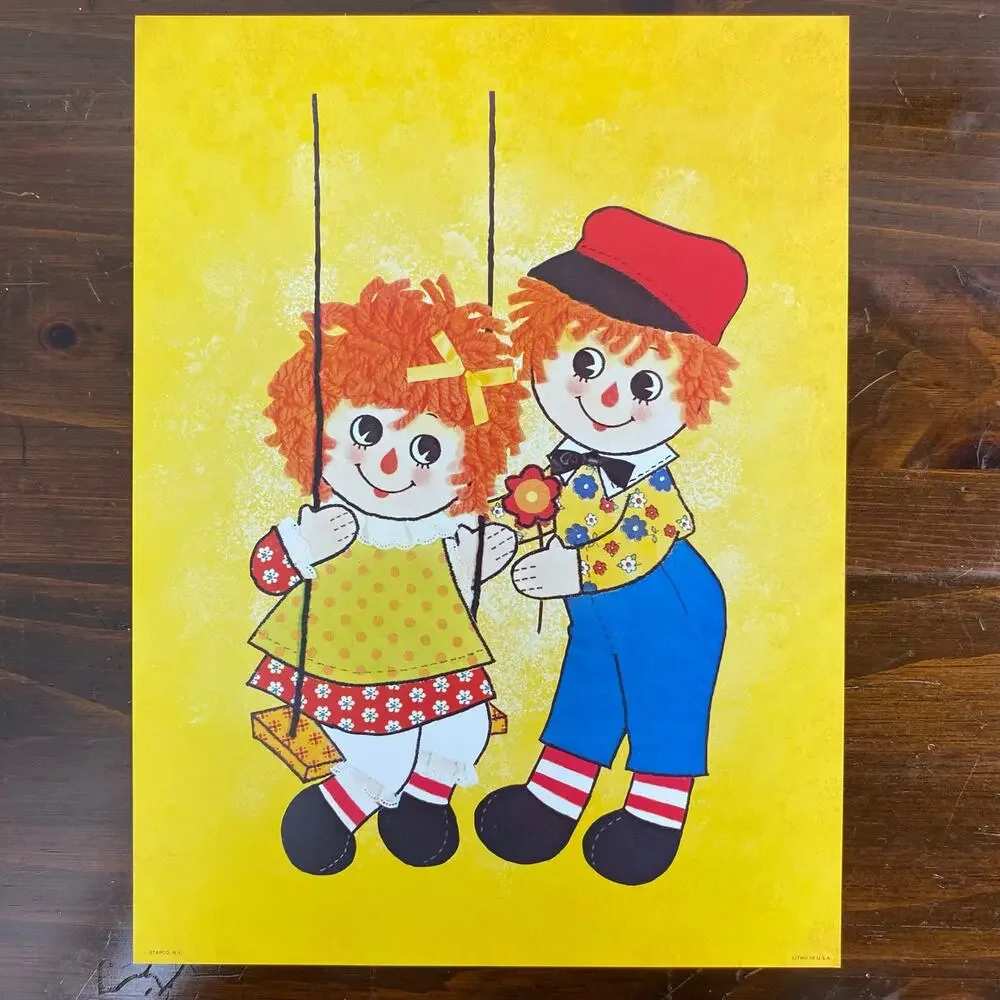 Vintage 70s Raggedy Ann & Andy Lithograph Nostalgic Nursery Wall Art MCM 12”x9”